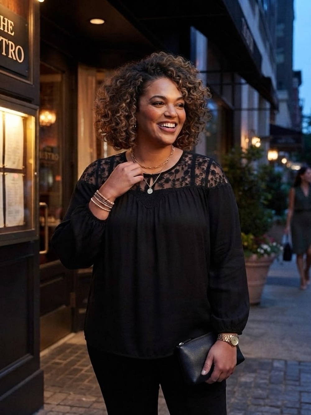 Lane Bryant Black Lace Yoke Long-Sleeve Blouse